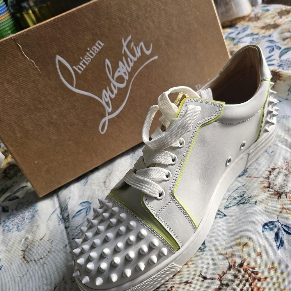 Christian Louboutin White and Green Spiked Sneakers